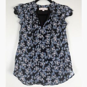 LOFT Floral Blouse XS Black Blue Ruffle Sleeve Tie Neck Sheer Top